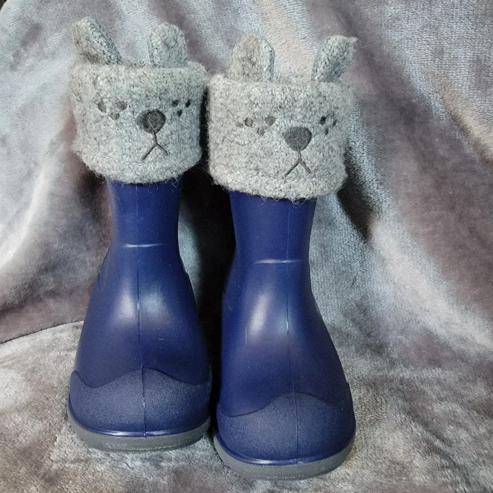 Stride Rite Rain Boots Boys 5 Navy Excellent Gecko Felt Liner Animal Face 360